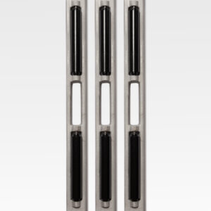 Three elongated, vertical Casket Roller Bars with black handles are positioned parallel to each other against a plain background.