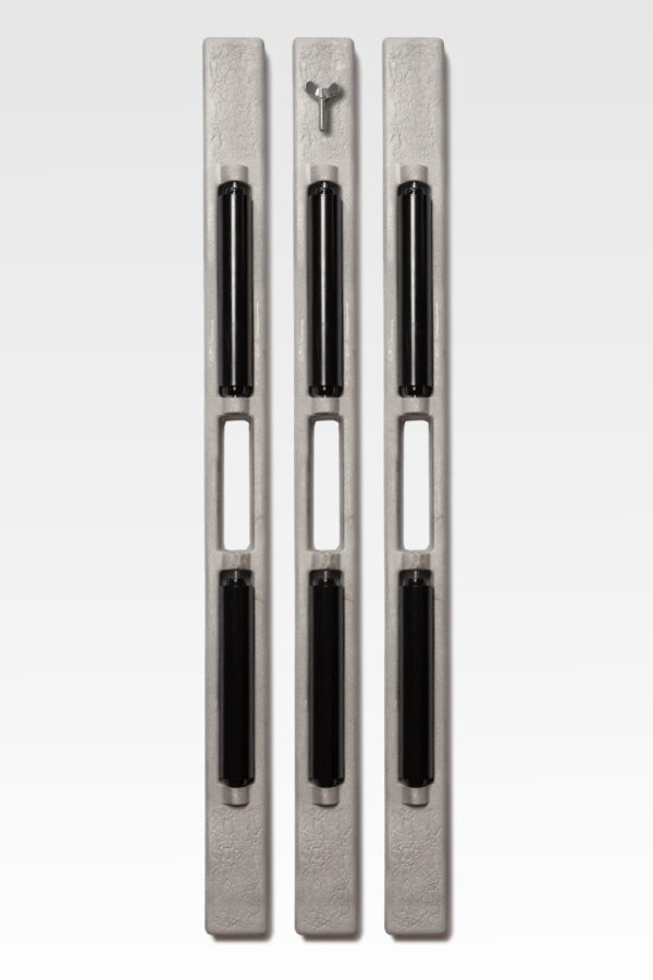 Three elongated, vertical Casket Roller Bars with black handles are positioned parallel to each other against a plain background.