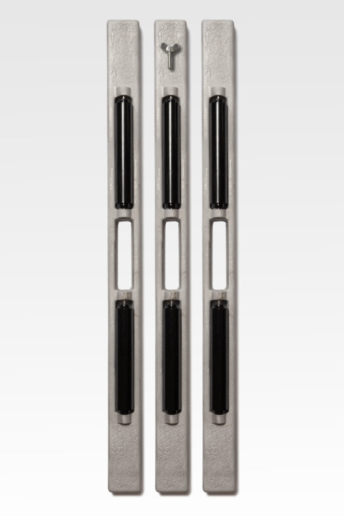 Three elongated, vertical Casket Roller Bars with black handles are positioned parallel to each other against a plain background.