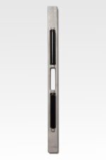 A sleek, white casket roller bar with dual black cylindrical vials stands vertically against a plain gray background.