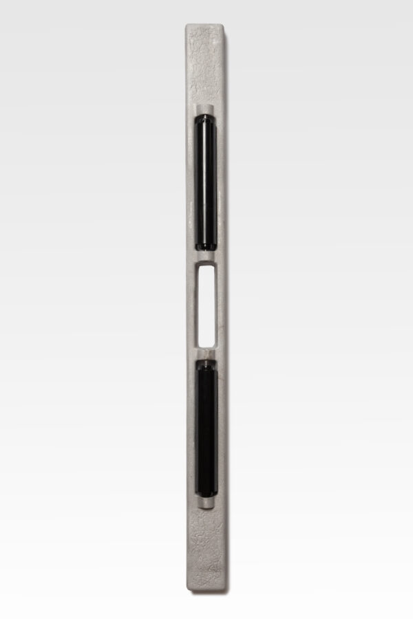 A sleek, white casket roller bar with dual black cylindrical vials stands vertically against a plain gray background.