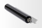 A black conveyor roller, similar to Casket Roller Bars, features a metal shaft and bearing, casting a shadow on a gray background.