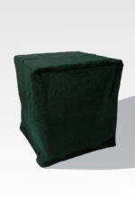 A square ottoman, mirroring the elegance of the EZ Fold Cremation Stand, is adorned in rich green velvet on a light gray backdrop.