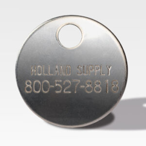 Cremation ID Discs include a metal tag engraved with "HOLLAND SUPPLY 800-527-8818" and feature a circular hole at the top for convenient attachment.