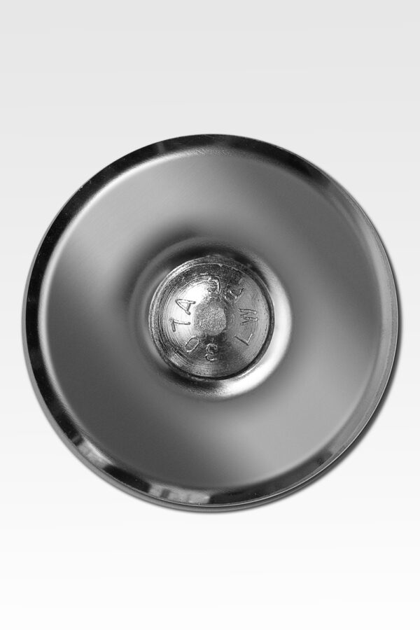 The Stainless Steel Lot Markers are silver, round metal objects made from stainless steel, featuring a central bolt marked with numbers, elegantly set against a white background.