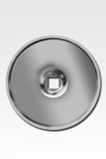 A lid made of stainless steel, featuring a central square opening, rests against a pristine white background, evoking the design of precision-crafted Stainless Steel Lot Markers.