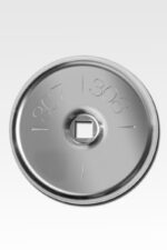 Stainless Steel Lot Markers in the form of silver metal discs, engraved with numbers "307" and "308," featuring a central square hole.