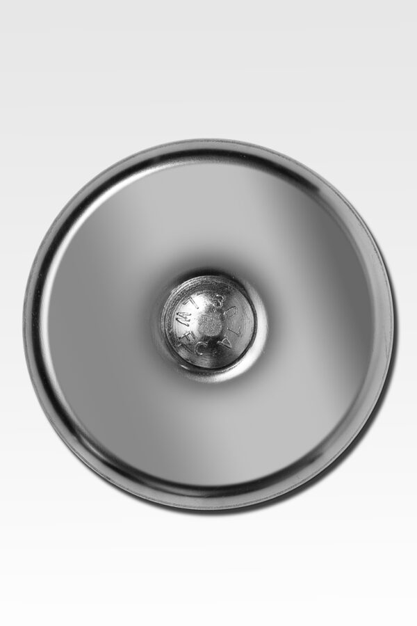 Close-up of a round, Stainless Steel Lot Marker with a smooth surface and a central protrusion, demonstrating precision engineering.