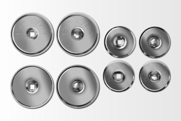 Eight Stainless Steel Lot Markers, crafted as silver metal disc objects, are displayed in two rows. Each marker is uniquely sized and has a distinctive hexagonal center.