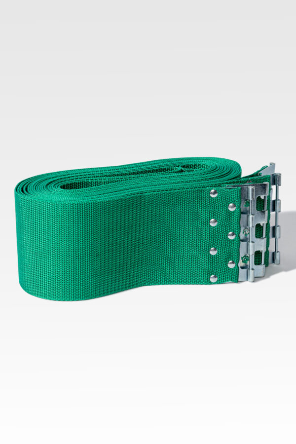 A rolled-up green conveyor belt with a metallic clasp on one end, echoing the sturdy elegance of Lowering Device Straps, is displayed against a plain background.