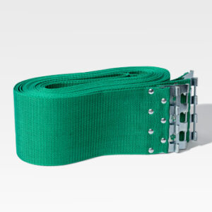 A green coiled industrial conveyor belt featuring metal fasteners on one end, designed with durable Lowering Device Straps for secure handling.