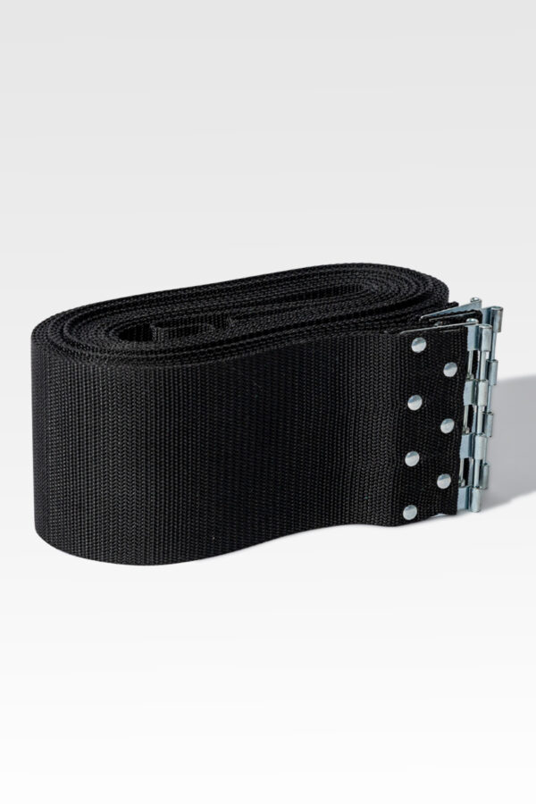 Set against a simple backdrop, the lowering device straps, with their coiled black woven design featuring silver metal grommets and clasps, elegantly merge functionality with style.