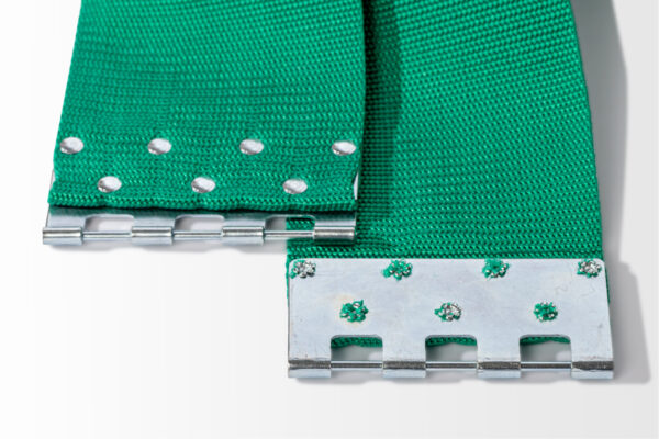 Two Lowering Device Straps, featuring green industrial belts with metal connectors, are laid out on a white background.