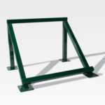 A green metal bike rack with four mounting plates forms a triangular shape against a plain background, reminiscent of the sturdy frames like those in Grave Identification Flags, standing as silent sentinels defining their designated spaces.