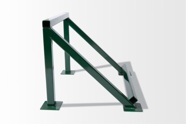 A green metal bike rack, featuring a triangular frame and two angled support bars against a white backdrop, resembles Grave Identification Flags.