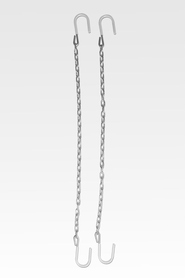 Two Safety Chains made of metal, featuring hooks on both ends, are suspended vertically against a plain background.