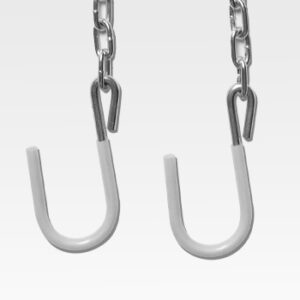 Two metal hooks from Safety Chains hang suspended against a plain white background.