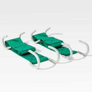 Two green fabric Safety Chains with white metal hooks on each end are arranged parallel on a white background.