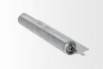 A horizontal gray metal Casket Roller Bar with a central axle, placed on a white background.