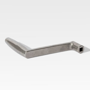 The Casket Crank is a metal L-shaped tool featuring a square socket on one end, designed for turning or tightening bolts.