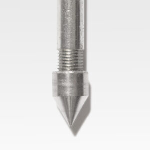 Close-up of a T Probe showcasing its metal nozzle, threaded shaft, and pointed tip against a plain white background.