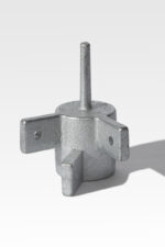 The Frame Fittings product features a metal industrial part with three angled brackets and a cylindrical protrusion on top, all set against a plain white background.