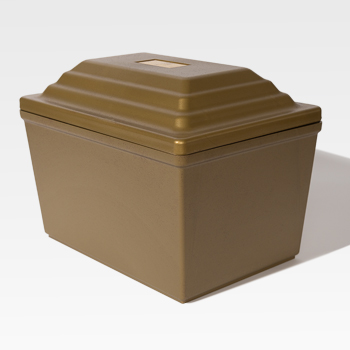 The Fortress® Urn Vault offers both durability and elegance with its brown storage container, stepped lid, and small rectangular label slot on top.