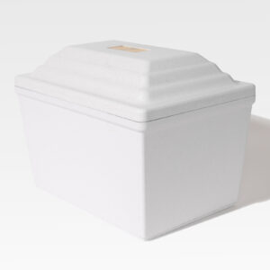 The Fortress® Urn Vault exudes elegance with its white rectangular cooler design, complemented by a textured lid and an elegant gold label on top.