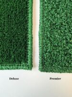 Side-by-side comparison of two Graveside Grass artificial turf samples: Deluxe (left, denser texture) and Premier (right, more open texture), displayed on a white background.
