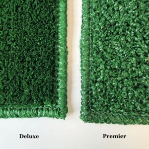Side-by-side comparison of two Graveside Grass artificial turf samples: Deluxe (left, denser texture) and Premier (right, more open texture), displayed on a white background.