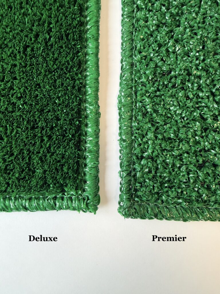Side-by-side comparison of two Graveside Grass artificial turf samples: Deluxe (left, denser texture) and Premier (right, more open texture), displayed on a white background.