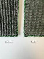 Close-up of two textured samples labeled "Urethane" (left) and "Marine" (right), both trimmed with green Graveside Grass edges and detailed stitching.