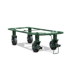 Introducing the “Pallbearer”: a green metal flatbed cart frame featuring an open, rectangular design without a platform. It is equipped with four large swivel caster wheels—two fitted with brakes—to deliver sturdy and reliable transport for heavy loads, functioning much like a pallbearer’s traditional support.