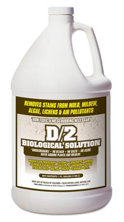 A gallon jug of D/2 Biological Solution, an essential cleaning product for any cemetery, effortlessly removes stains from mold, mildew, algae, lichens, and air pollutants. It's a must-have among the top 10 products you need for maintaining sacred grounds.