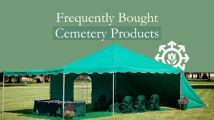 Green canopy tent with a table and chairs set up in a cemetery, featuring the text "Frequently Bought Cemetery Products" and a gear symbol.