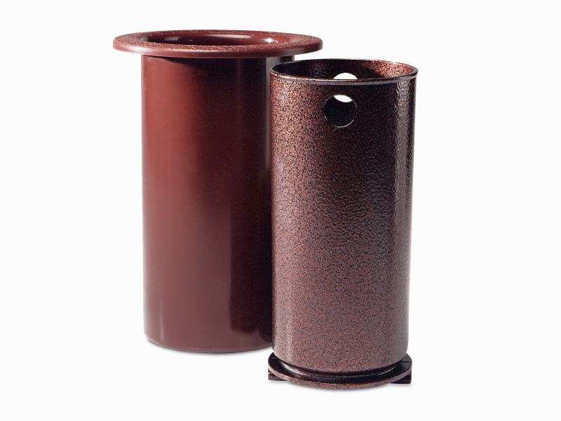 Two cylindrical metal objects: one solid with a wide rim, the other with a narrow base and a circular hole near the top. Both in different shades of brown.