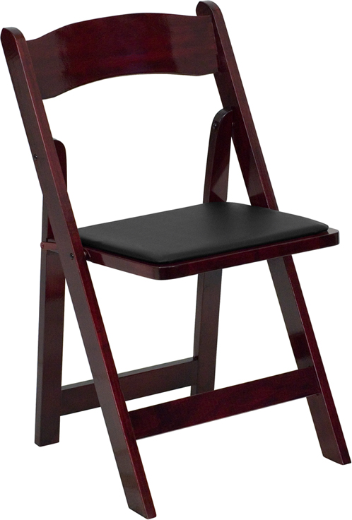 A dark wooden folding chair with a black cushioned seat, shown in an upright position, making it one of the top 10 cemetery products for comfort and style.