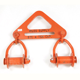 Orange lifting clamp with a triangular frame labeled "Miles Supply STC 4 Ton Cap," featuring two hooks with rollers.