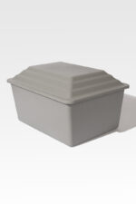 A rectangular, gray plastic storage container with a fitted lid on a white background.