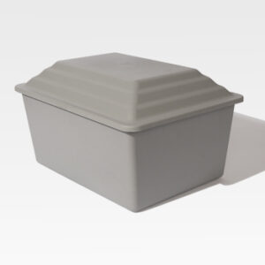 A gray rectangular box with a stepped lid on a white background.