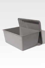 A gray metal container with a partially open lid on a plain background.