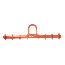 Orange metal lifting beam with multiple connection points and a central handle.