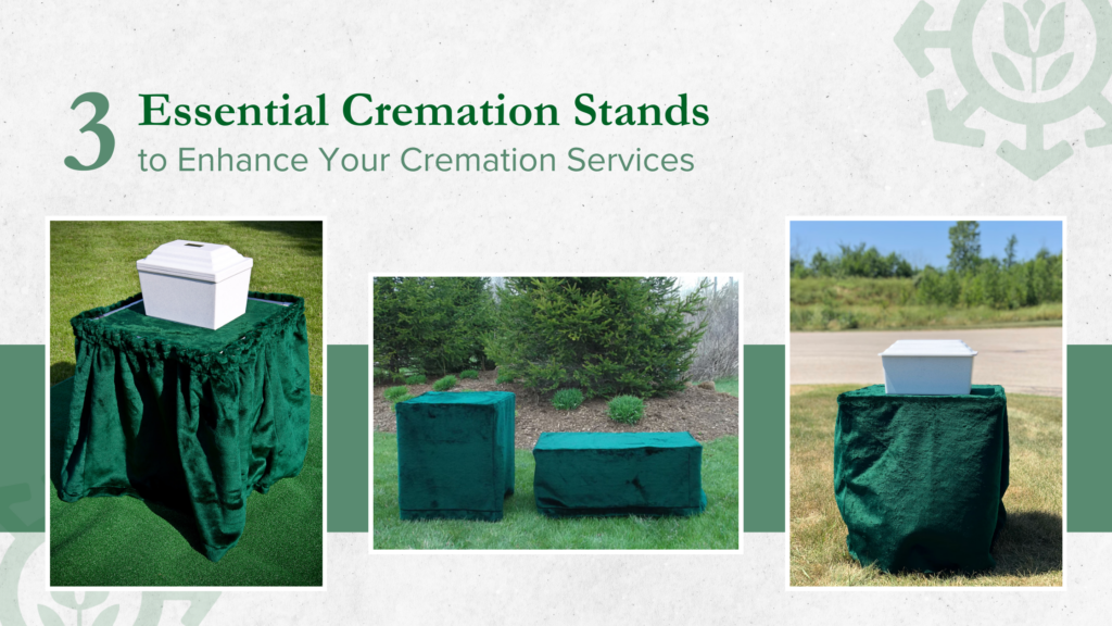 A trio of cremation stands is elegantly displayed outdoors, each draped in green fabric, with one showcasing a white urn. Discover how these essential cremation stands can elevate your services.