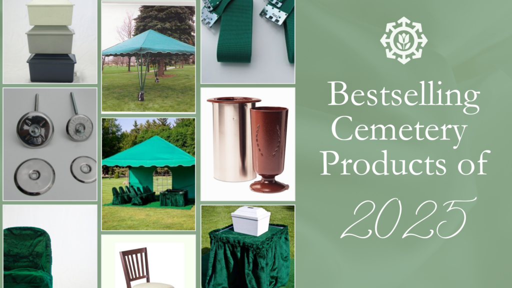 A collage showcasing 2025's bestselling cemetery products—tents, urns, graveside chairs, and straps—set against a soothing green background.