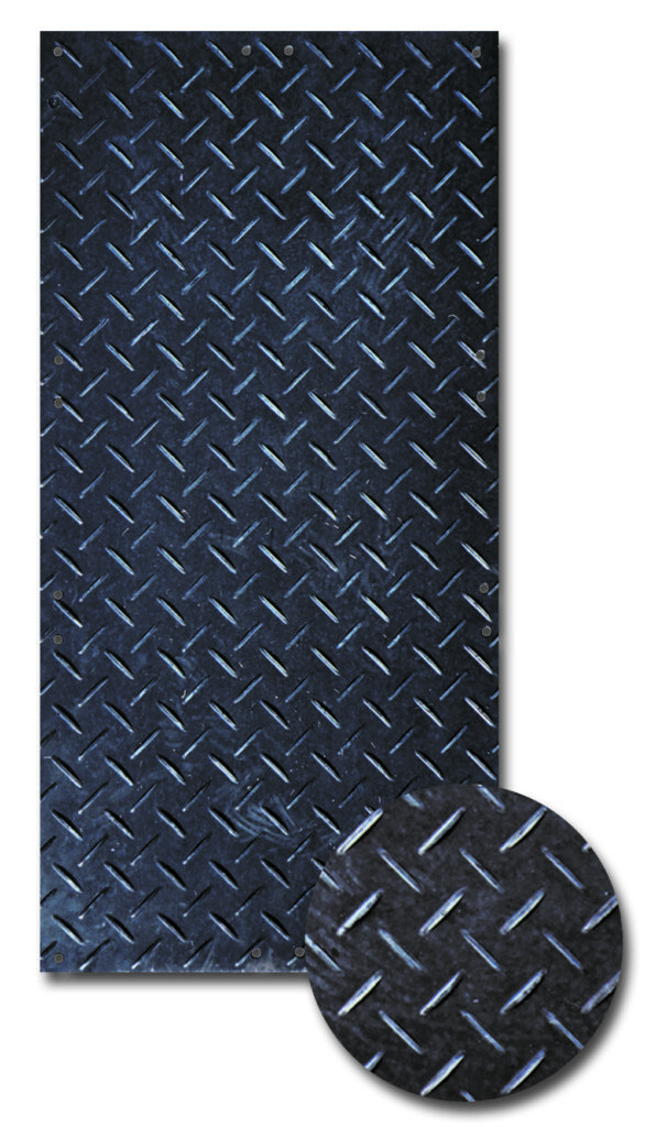 Close-up of a rectangular metal sheet with a diamond plate pattern, similar in texture to bestselling cemetery products. A circular magnified section showcases the intricate pattern details clearly.