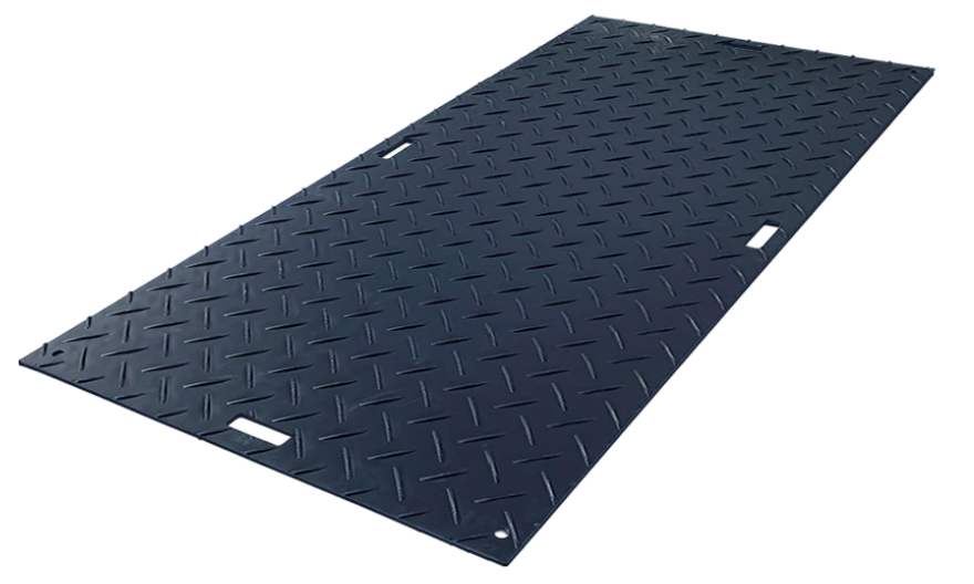 A bestselling black rectangular industrial floor mat features a diamond plate pattern and several cut-out handles, ideal for cemetery applications.