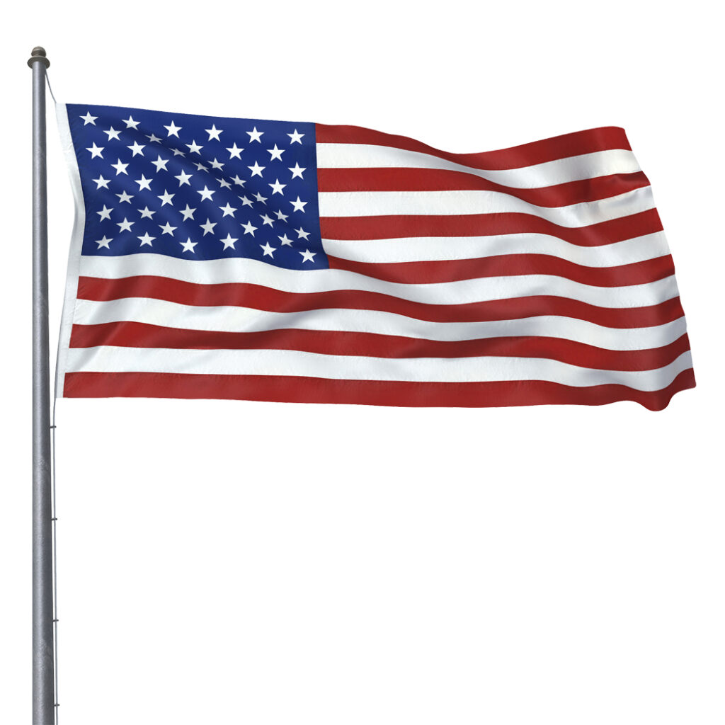 The United States flag with red and white stripes and a blue field of white stars waves on a pole, reminiscent of the serene beauty found among bestselling cemetery products, against a plain background.