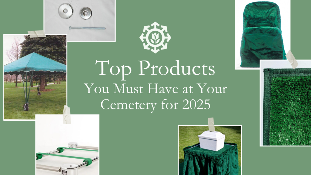 Collage of top 10 products you must have at your cemetery for 2025, featuring tents, ground coverings, a winch, a box on a pedestal, and green velvet items on a lush green background with the text "Top Products You Must Have at Your Cemetery for 2025.