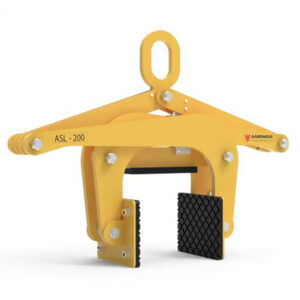 Yellow Aardwolf ASL-200 stone lifter clamp, complete with Setting Bar (Copy), a hook, and rubber-padded grips.