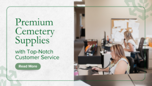 In an office scene, two employees diligently work at their desks. The text on the image highlights "Premium Cemetery Supplies with Top-Notch Customer Service. Read More.